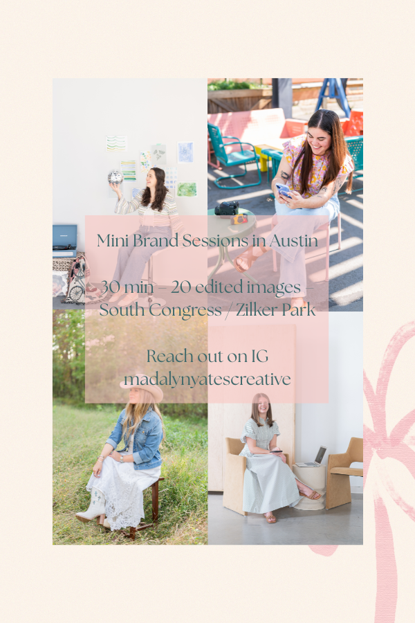 Austin brand photographer offering travel pop-up sessions in April. Mini brand sessions, headshots, South Congress, Zilker Park, and East Austin photo locations.